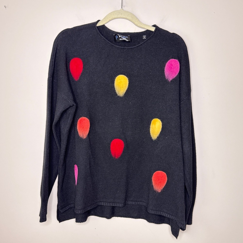 P. Luca Milano Women's‎ Large Black Fuzzy Big Colorful Polka Dot Knit Sweater